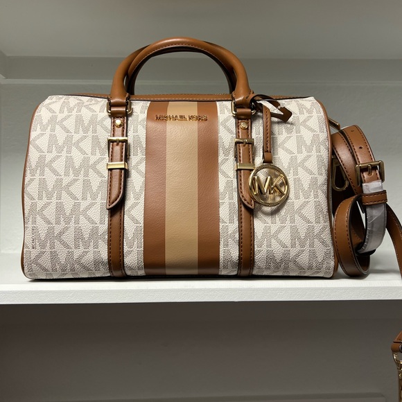 Michael Kors Cream and Brown Striped Duffel Bag - Picture 1 of 5
